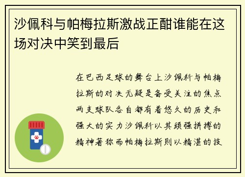 沙佩科与帕梅拉斯激战正酣谁能在这场对决中笑到最后